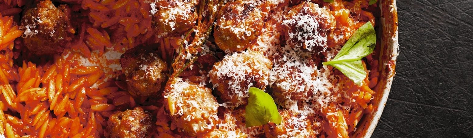 One Pot Meatballs With Tomato Sauce Orzo Recipe Rick Stein   Simple Suppers Meatballs Orzo Header 1536x448 