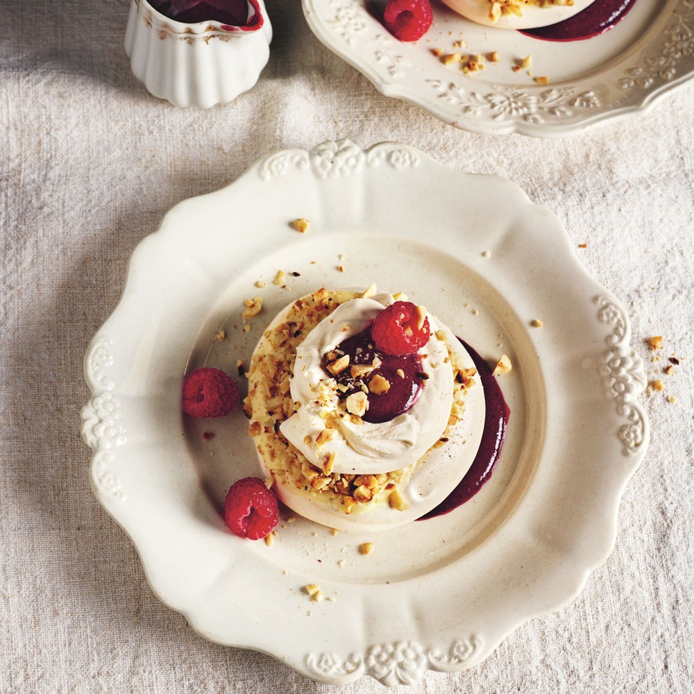 Hazelnut Pavlovas with white chocolate and dark berry sauce recipe 1